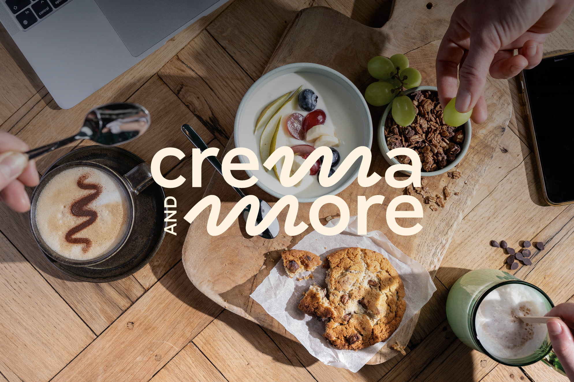 Crema and More coffee bar branding with coffee and pastries, by Supermoon
