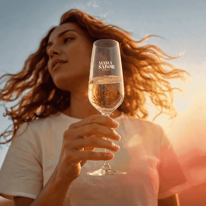 Animated Masia Sabor campaign visual with a glass of cava