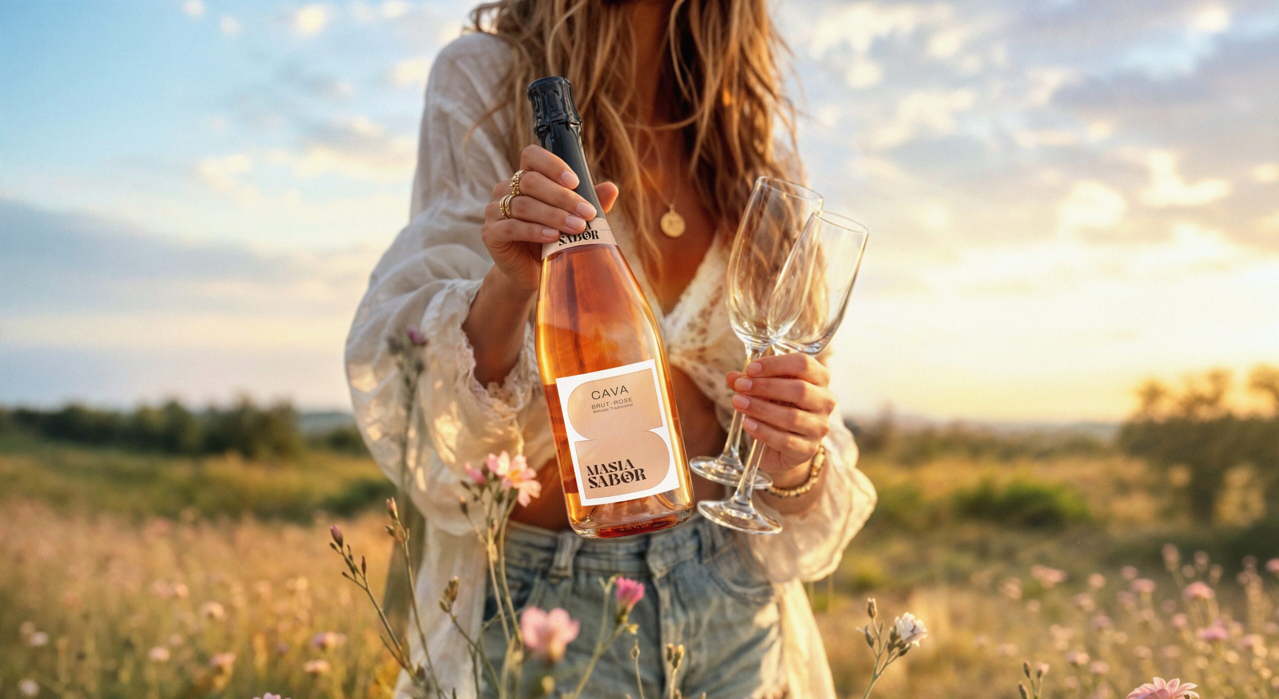 Masia Sabor cava launch campaign visual at sunset, branding by Supermoon