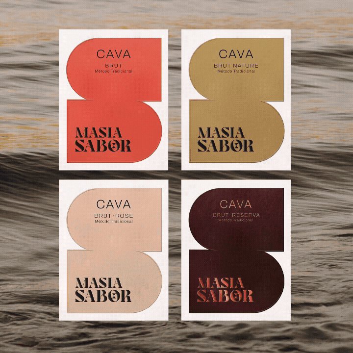 Animation of the four Masia Sabor cava labels, from Brut to Brut Rosé